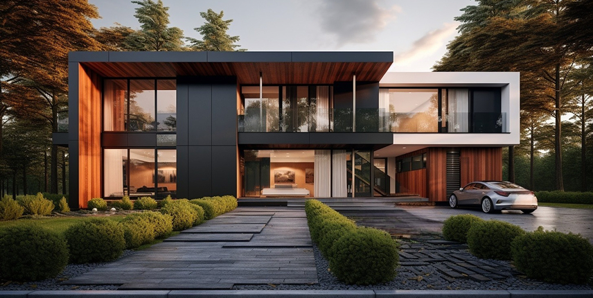 modern luxury home with large aluminum windows and sliding glass doors