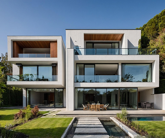 modern luxury home with floor-to-ceiling aluminum sliding glass doors and windows
